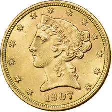 USA, $5, Half Eagle, Coronet Head, 1907, U.S. Mint, Złoto, AU(55-58), KM:101