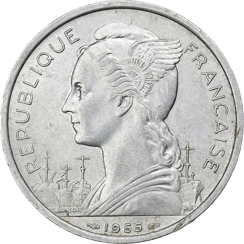La Réunion, 5 Francs, 1955, Paris, Aluminum, AU(50-53), Lecompte:70, KM:9