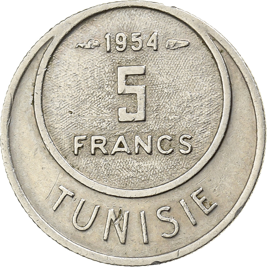 Tunisia, Muhammad al-Amin Bey, 5 Francs, 1954, Paris, Copper-nickel, EF(40-45)