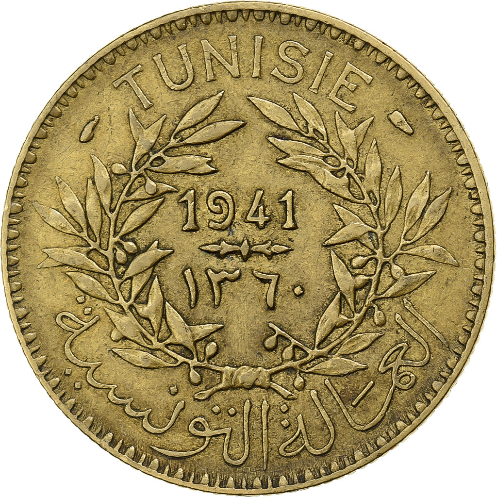 Tunisia, Anonymous, 2 Francs, 1941/AH1360, Paris, Aluminum-Bronze, EF(40-45)