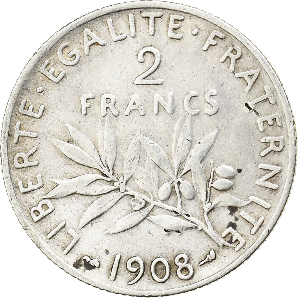 Francia, 2 Francs, Semeuse, 1908, Paris, Argento, MB+, Gadoury:532, KM:845.1
