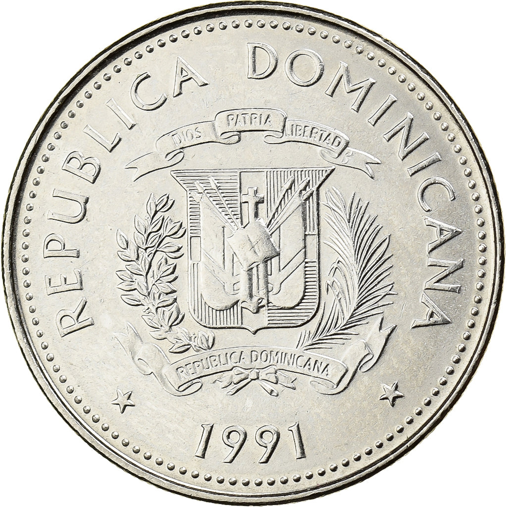 Dominican Republic, 25 Centavos, 1991, Nickel Clad Steel, AU(55-58), KM:71.1
