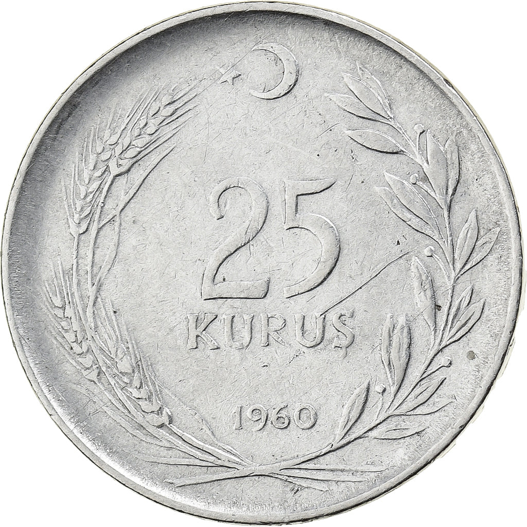Turquía, 25 Kurus, 1960, Acero inoxidable, MBC, KM:892.2