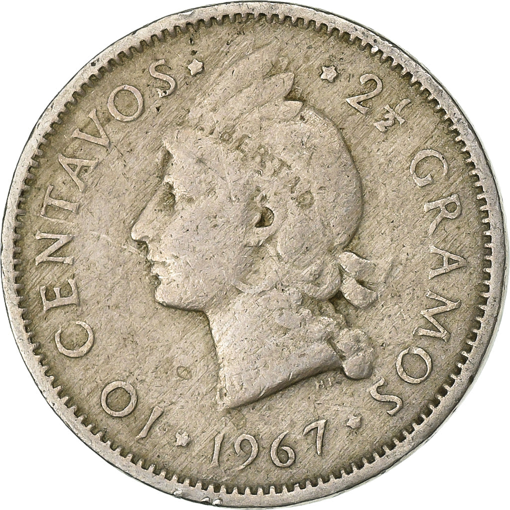 Dominican Republic, 10 Centavos, 1967, Copper-nickel, EF(40-45), KM:19a