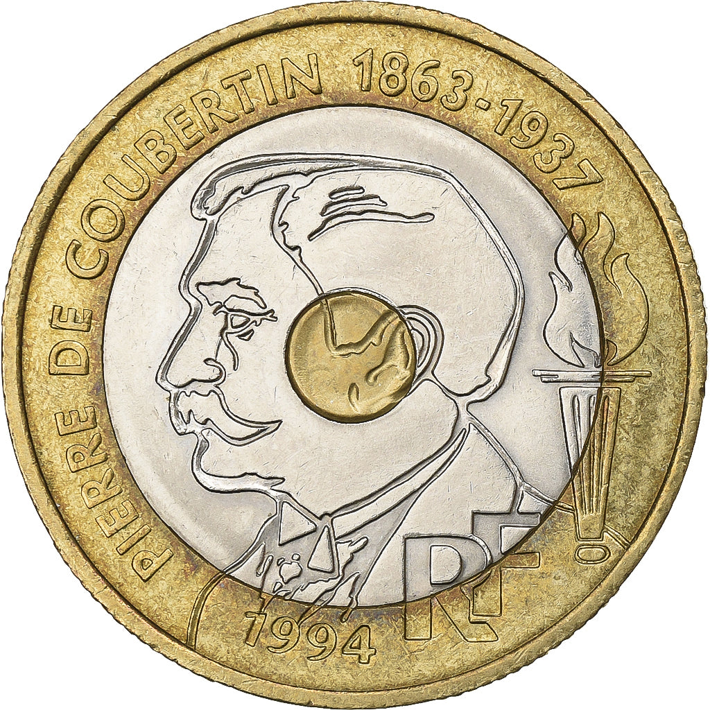 Francia, 20 Francs, Pierre de Coubertin, 1994, Paris, Trimetálico, MBC+