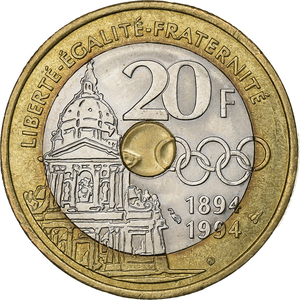 Francia, 20 Francs, Pierre de Coubertin, 1994, Paris, Trimetálico, MBC+