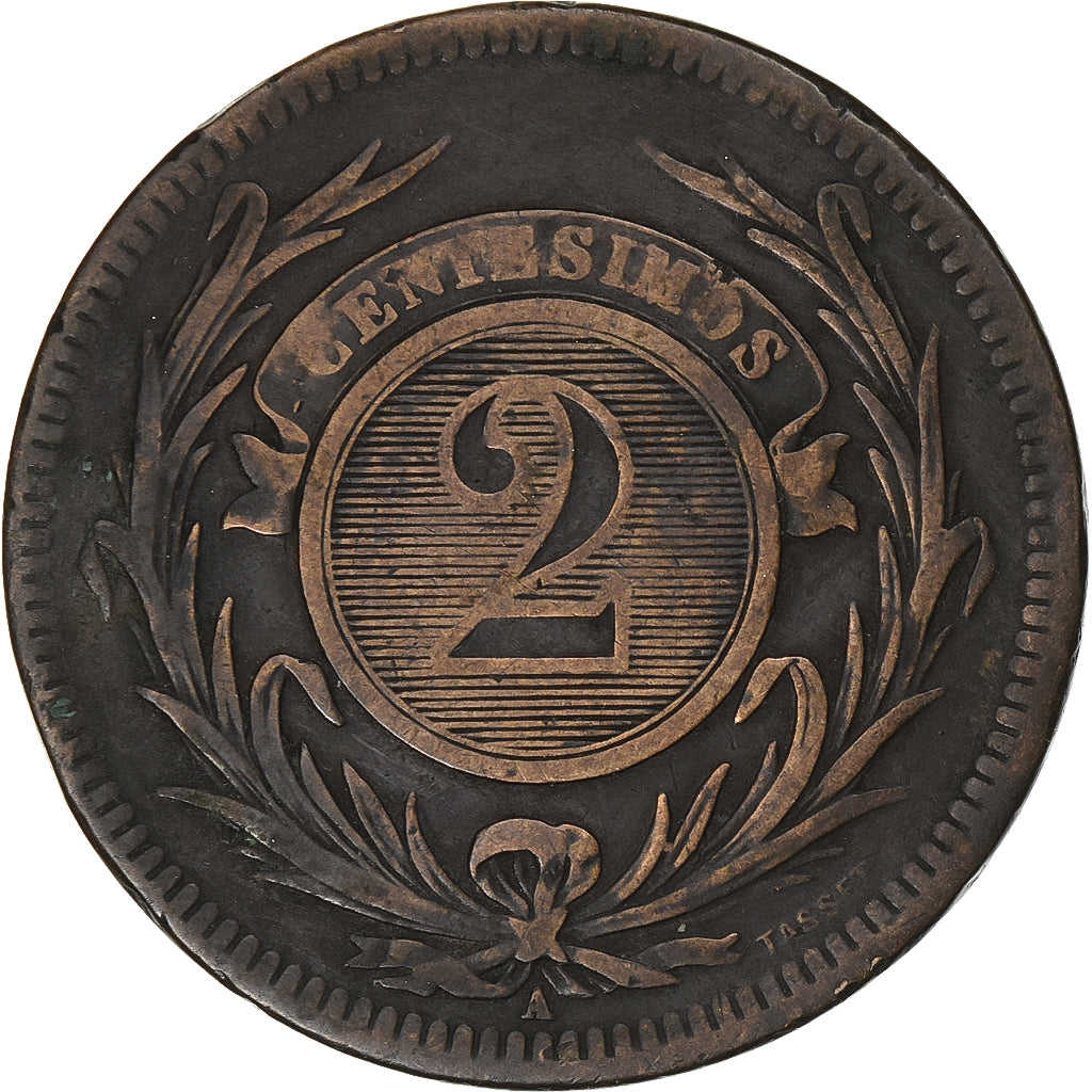 Uruguay, 2 Centesimos, 1869, Uruguay Mint, Bronze, EF(40-45), KM:12