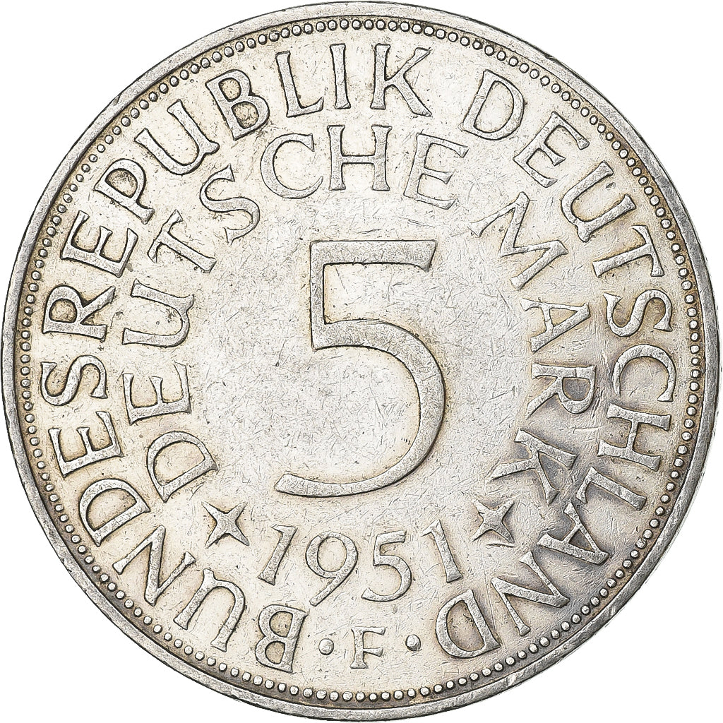 GERMANIA - REPUBBLICA FEDERALE, 5 Mark, 1951, Stuttgart, Argento, BB, KM:112.1