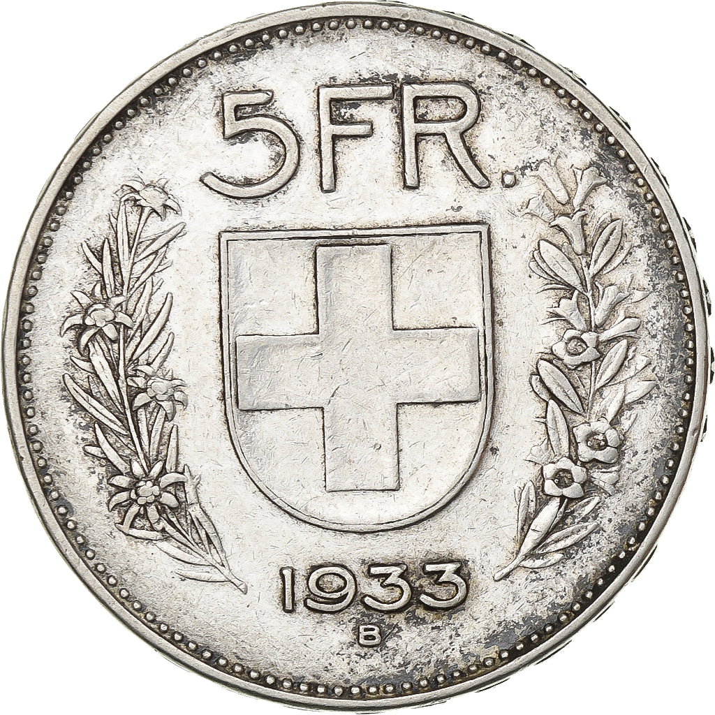 Suiza, 5 Francs, 1933, Bern, Plata, MBC, KM:40