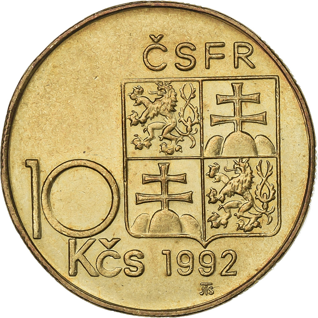 Czechosłowacja, 10 Korun, 1992, Nikiel-Brąz, AU(55-58), KM:159
