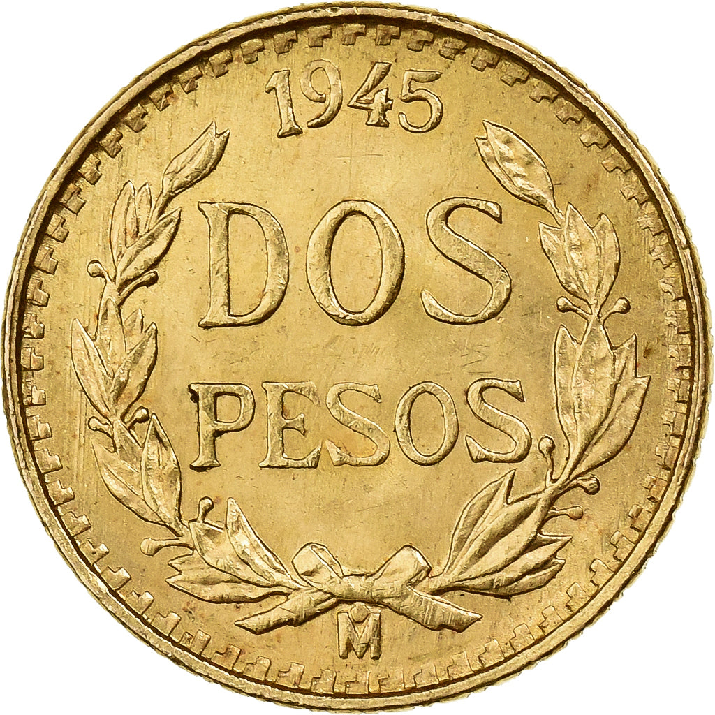 Mexico, 2 Pesos, 1945, Mexico City, Gold, AU(55-58), KM:461