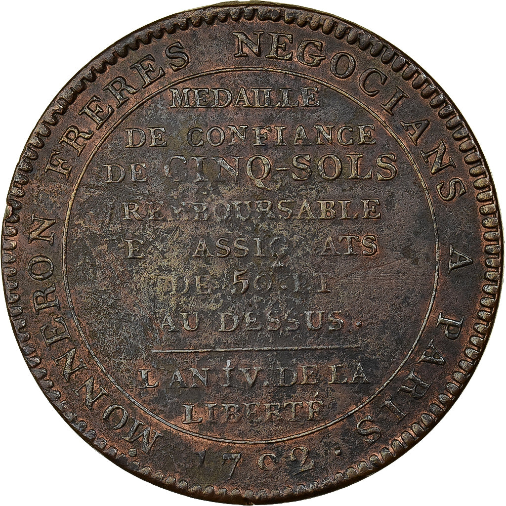 Francia, 5 Sols, 1792 / AN 4, Birmingham, Monneron, Bronzo, MB+, Brandon:223B
