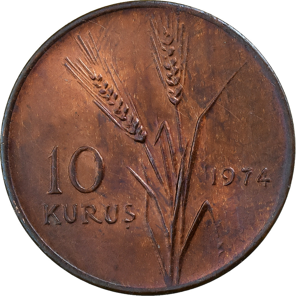 Turkije, 10 Kurus, 1974, Istanbul, Bronzen, ZF, KM:891.3