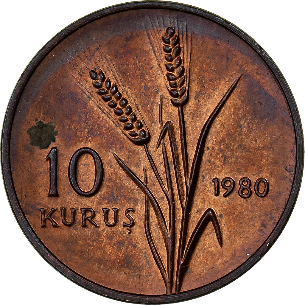 Turkije, 10 Kurus, 1980, Istanbul, Bronzen, ZF+, KM:935