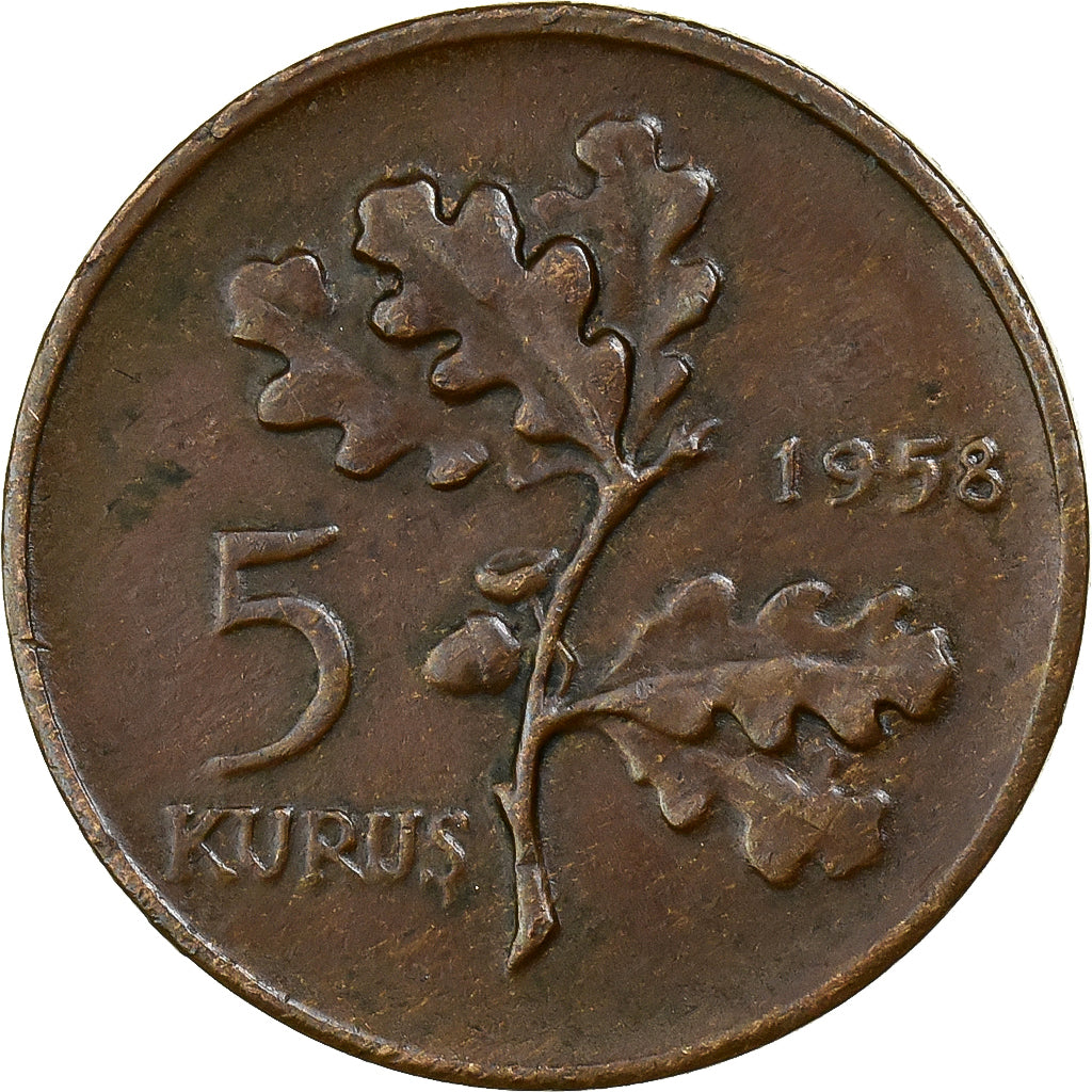 Turquía, 5 Kurus, 1958, Istanbul, Bronce, MBC, KM:890.1
