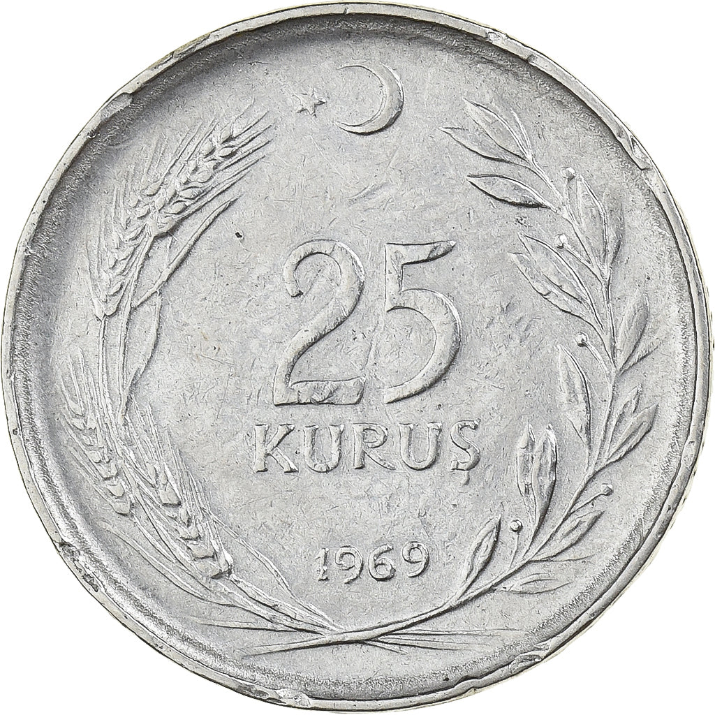 Turcja, 25 Kurus, 1969, Istanbul, Stal nierdzewna, AU(50-53), KM:892.3