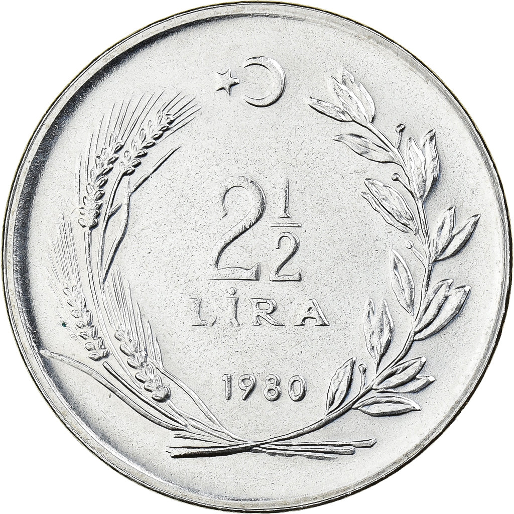 Turquie, 2-1/2 Lira, 1980, Istanbul, Acier inoxydable, SUP, KM:938