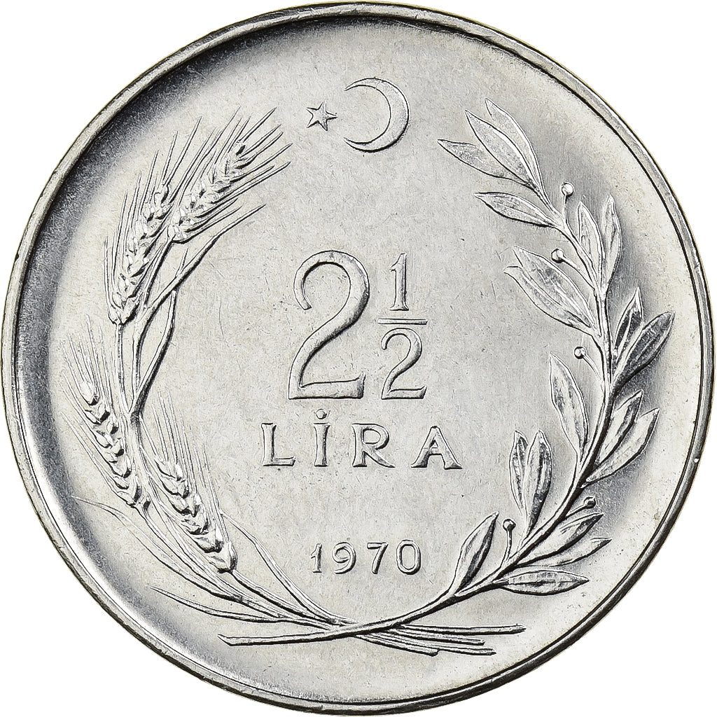 Turquie, 2-1/2 Lira, 1970, Istanbul, Acier inoxydable, SUP, KM:896