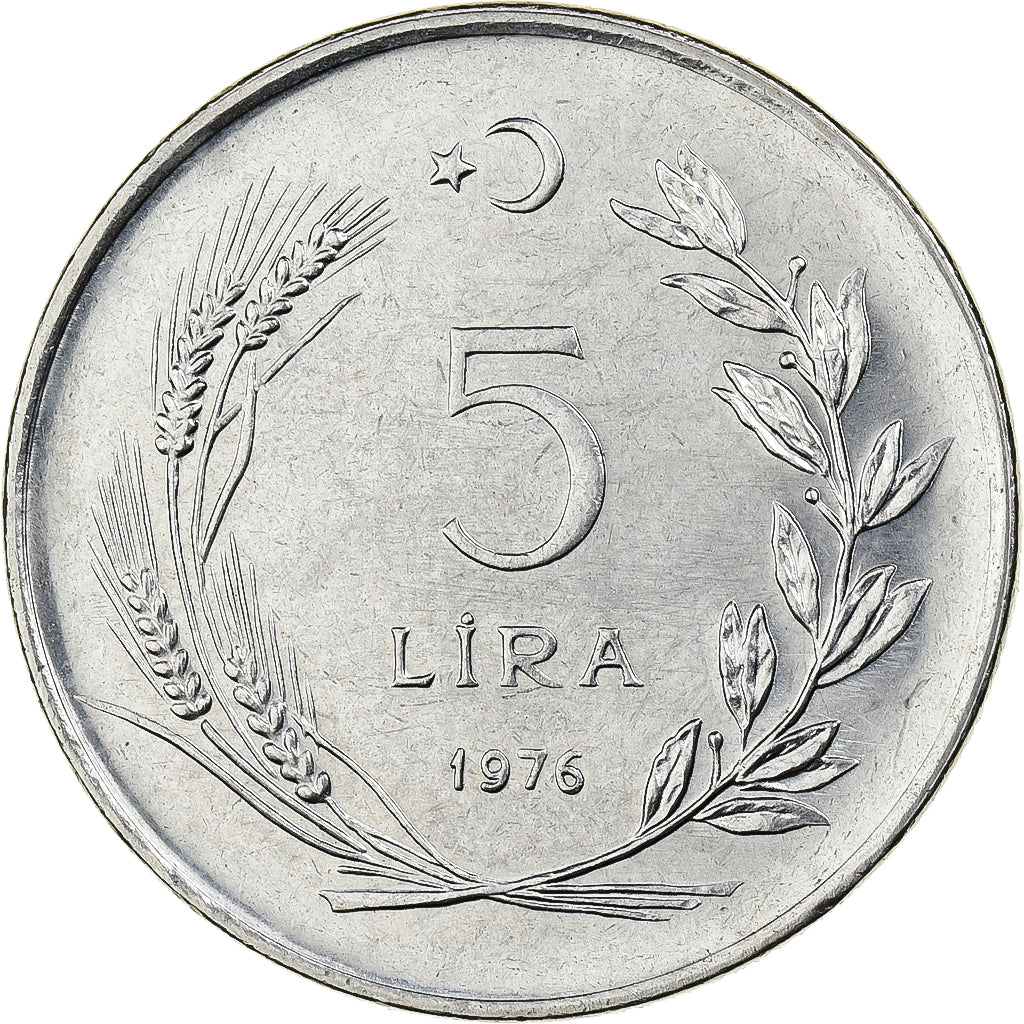 Turcja, 5 Lira, 1976, Istanbul, Stal nierdzewna, AU(55-58), KM:909