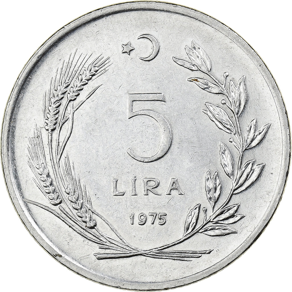 Turkey, 5 Lira, 1975, Istanbul, Stainless Steel, AU(55-58), KM:905