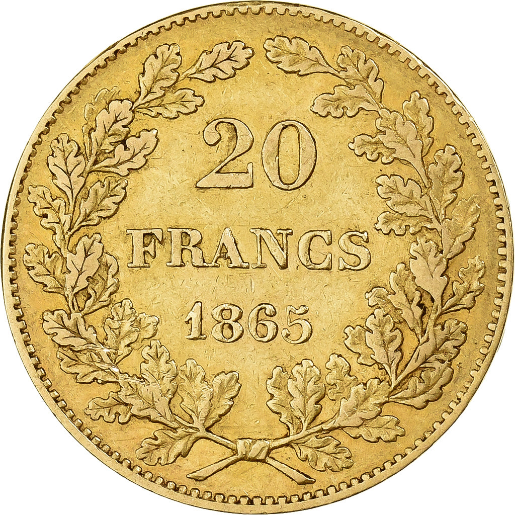 Belgium, Leopold I, 20 Francs, 20 Frank, 1865, Gold, AU(50-53), KM:23