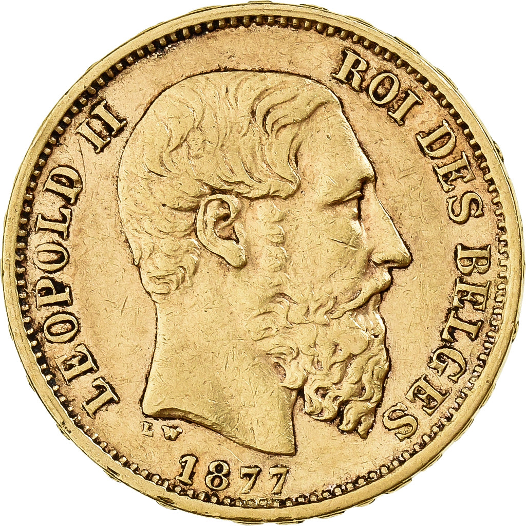 Belgia, Leopold II, 20 Francs, 20 Frank, 1877, Złoto, AU(50-53), KM:37