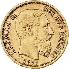 Belgia, Leopold II, 20 Francs, 20 Frank, 1877, Złoto, AU(50-53), KM:37