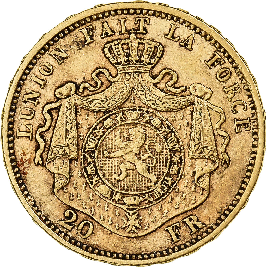 Belgia, Leopold II, 20 Francs, 20 Frank, 1877, Złoto, AU(50-53), KM:37