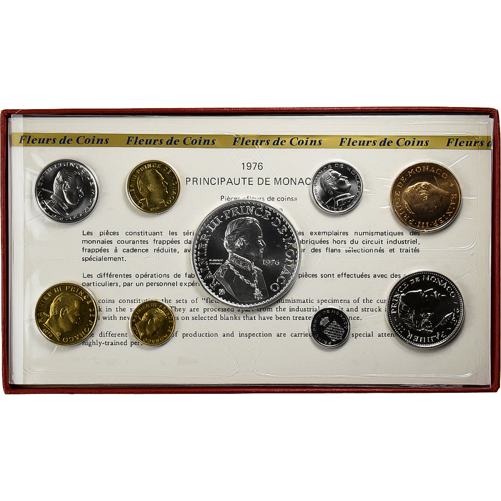 Mónaco, Rainier III, Coffret 1 c. à 50 frs., 1976, série FDC, Sin