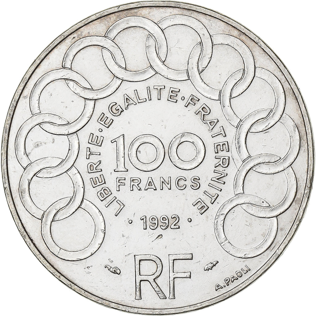 France, 100 Francs, Jean Monnet, Jean Monnet, 1992, Paris, Silver, AU(55-58)