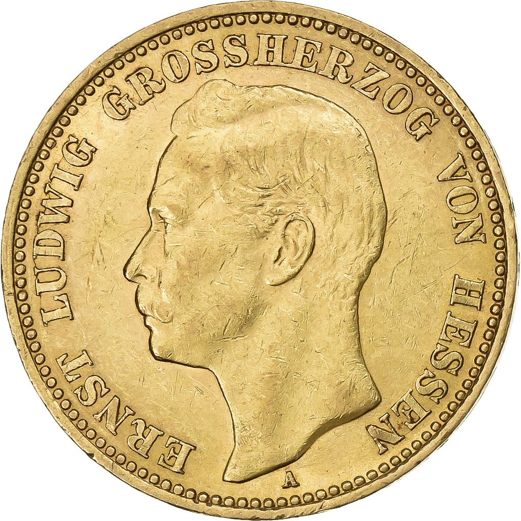 Stati tedeschi, HESSE-DARMSTADT, Ernst Ludwig, 20 Mark, 1908, Berlin, Oro, BB+