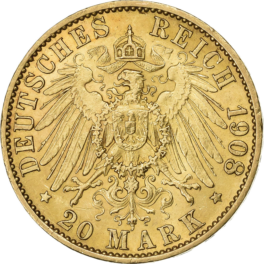 Stati tedeschi, HESSE-DARMSTADT, Ernst Ludwig, 20 Mark, 1908, Berlin, Oro, BB+