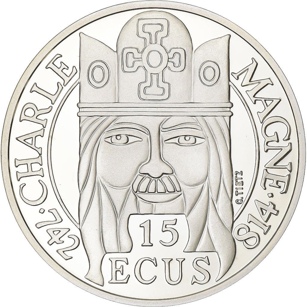 Francja, 100 Francs-15 Ecus, Charlemagne, 1990, Paris, Proof, Srebro, MS(65-70)
