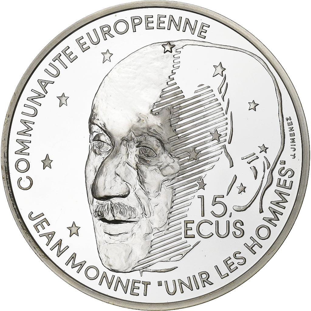 França, 100 Francs-15 Ecus, Jean Monnet, 1992, Paris, Proof, Prata, MS(65-70)