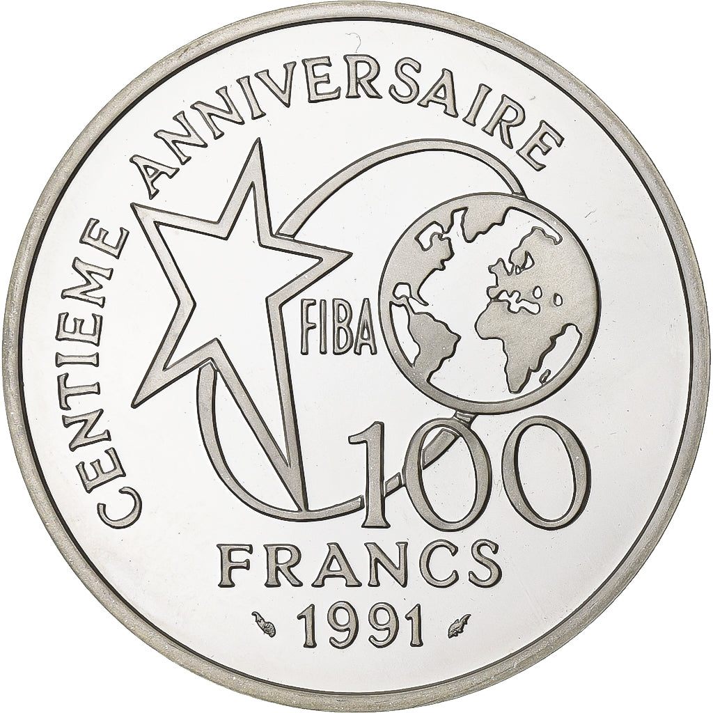 France, 100 Francs, Centenaire du Basket-Ball, 1991, Paris, Proof, Silver