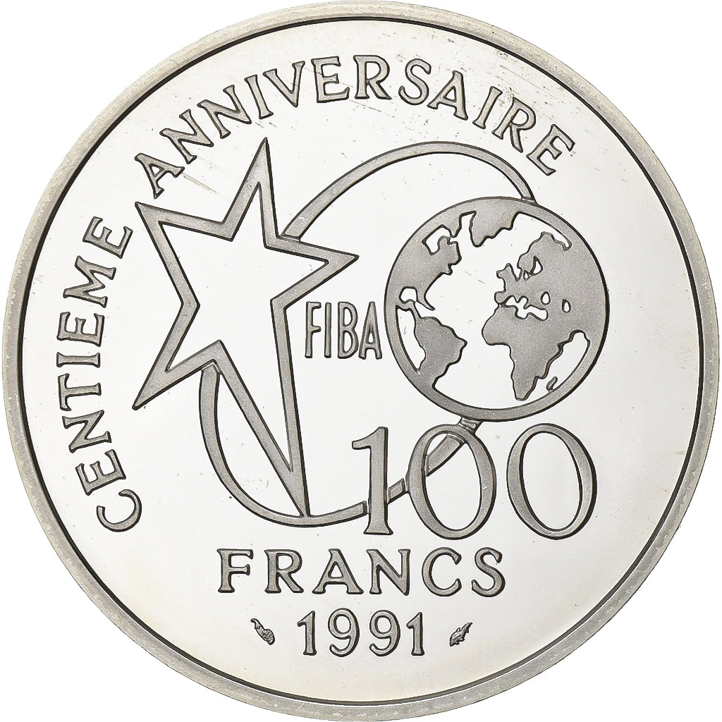 France, 100 Francs, Centenaire du Basket-Ball, 1991, Paris, Proof, Silver