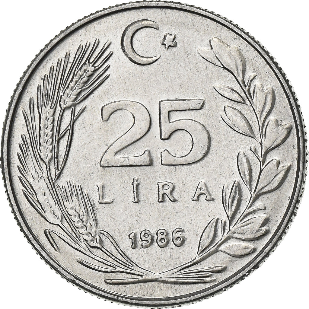 Turquia, 25 Lira, 1986, Alumínio, AU(55-58), KM:975