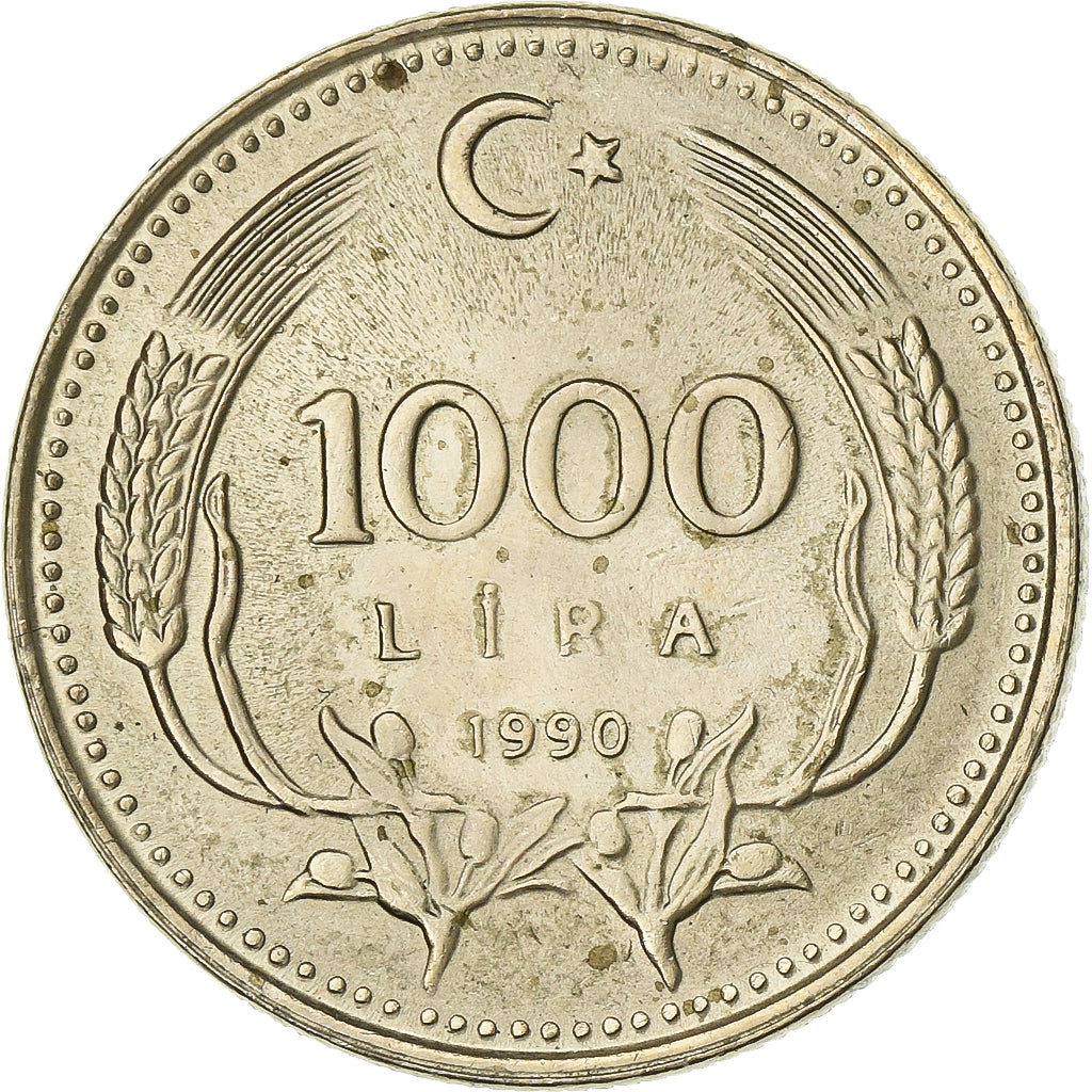 Turquia, 1000 Lira, 1990, Níquel-Latão, AU(55-58), KM:997