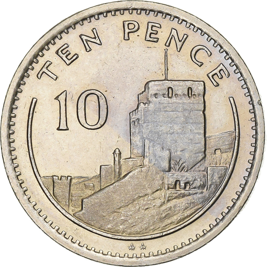 Gibraltar, Elizabeth II, 10 Pence, 1990, Copper-nickel, AU(55-58), KM:23.1