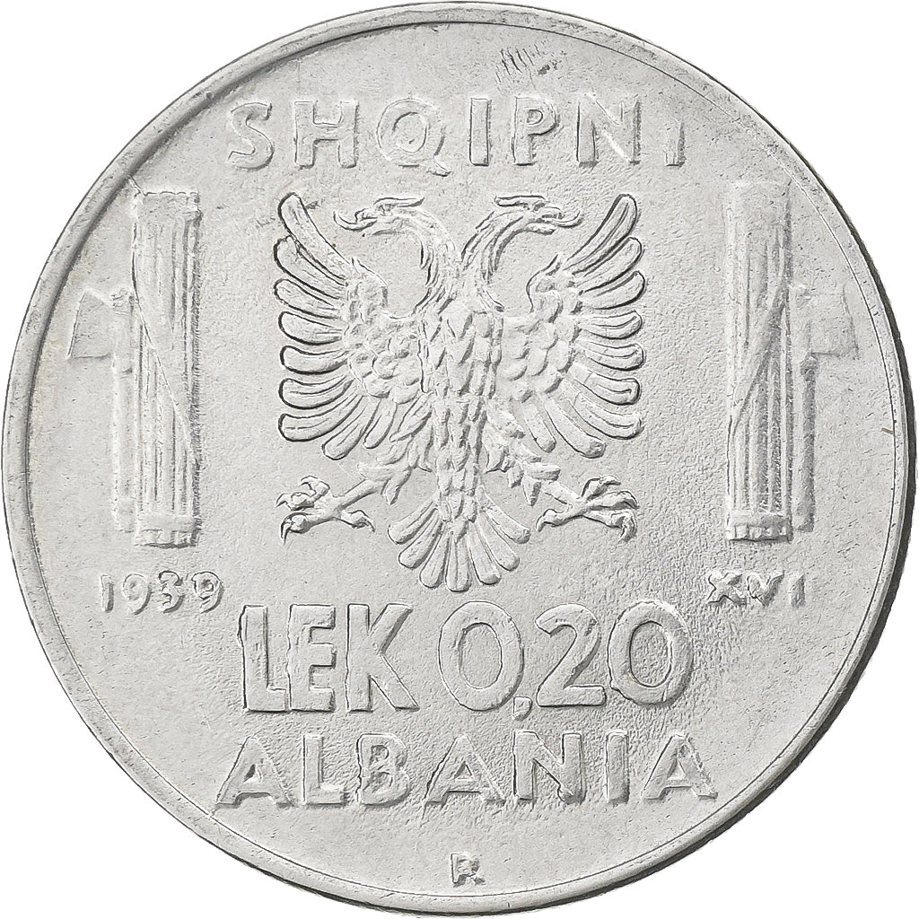 Albania, Vittorio Emanuele III, 0.20 Lek, 1939, Rome, Stainless Steel