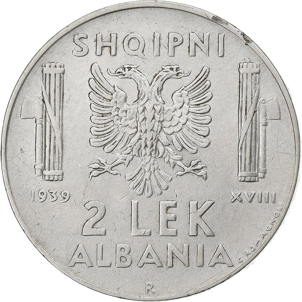 Albanie, Victor-Emmanuel III, 2 Lek, 1939, Rome, Acier inoxydable, SUP, KM:32