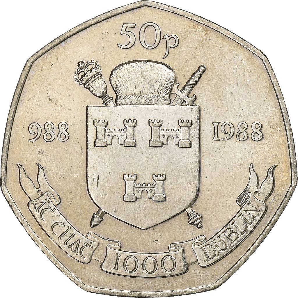 Ireland, 50 Pence, 1988, Copper-nickel, AU(55-58), KM:26