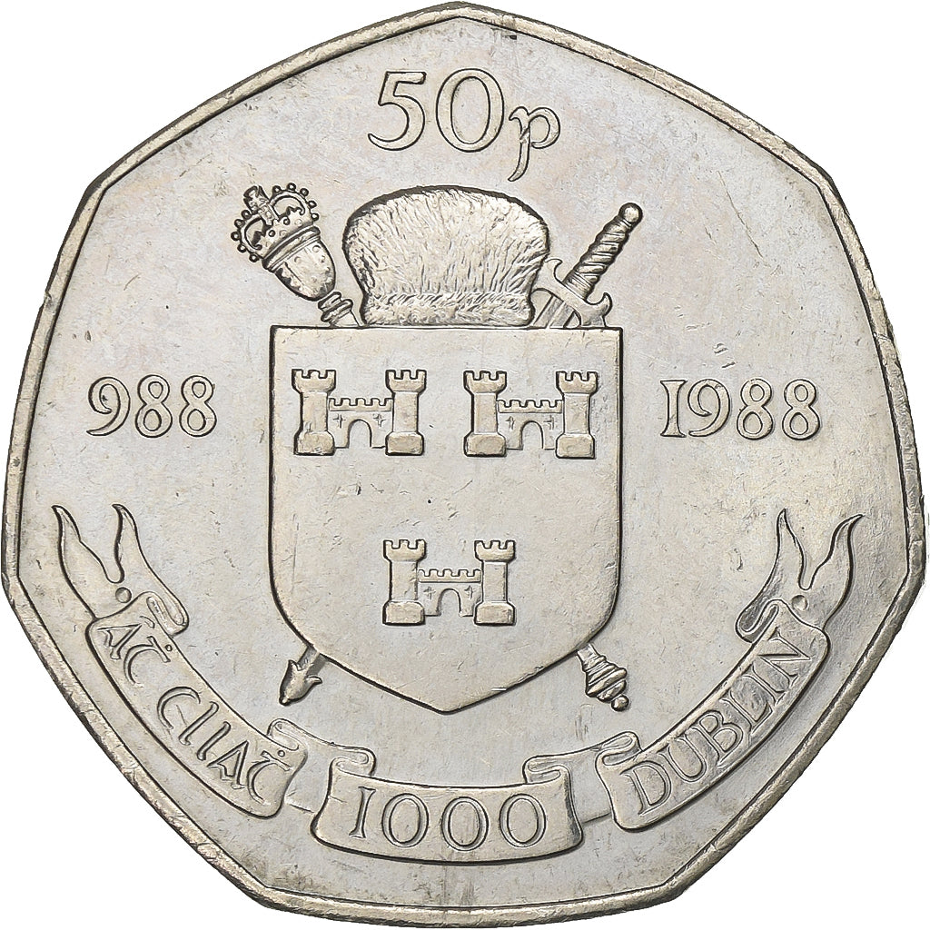 REPÚBLICA DE IRLANDA, 50 Pence, 1988, Cobre - níquel, EBC, KM:26
