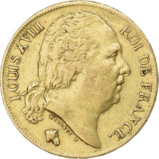 França, Louis XVIII, 20 Francs, 1824, Lille, Dourado, EF(40-45), Gadoury:1028