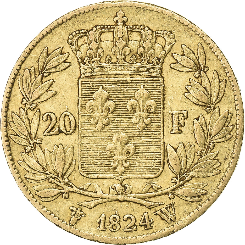 França, Louis XVIII, 20 Francs, 1824, Lille, Dourado, EF(40-45), Gadoury:1028