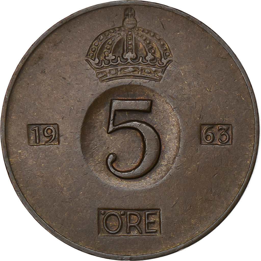 Suède, Gustaf VI, 5 Öre, 1963, Bronze, SUP, KM:822