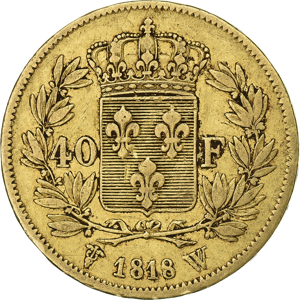 França, Louis XVIII, 40 Francs, 1818, Lille, Dourado, VF(30-35), Gadoury:1092
