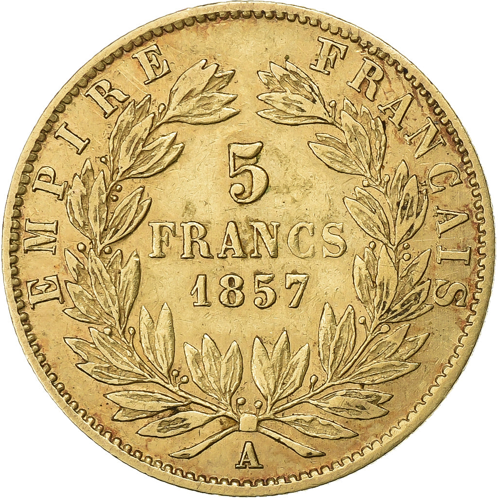 França, Napoleon III, 5 Francs, 1857, Paris, Dourado, VF(30-35), Gadoury:1001