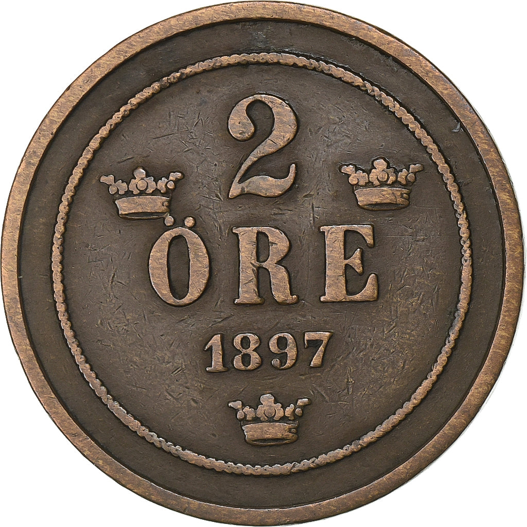 Svezia, Oscar II, 2 Öre, 1897, Bronzo, BB, KM:746