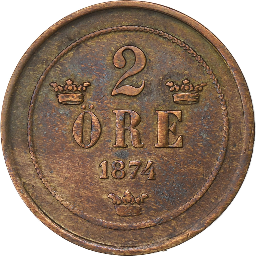 Svezia, Oscar II, 2 Öre, 1874, Bronzo, BB, KM:735